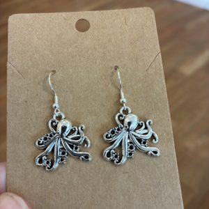 Silver coloured octopus earrings front